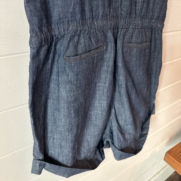 Lucky Brand Chambray Cotton Denim Romper Shorts Button Front Cinched Waist Sz L - Picture 8 of 11